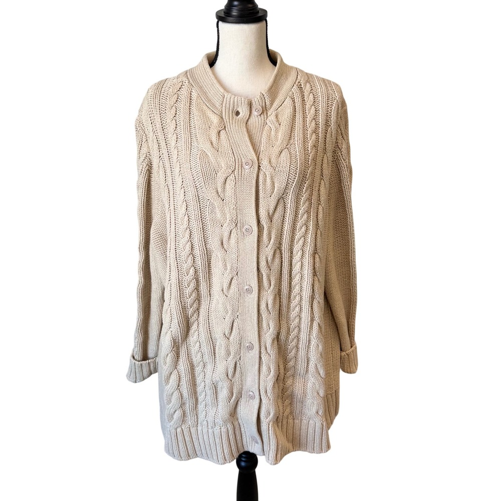 L.L.Bean Heritage Cable Knit Cardigan Women's 3X Beige Cotton Preppy Coastal